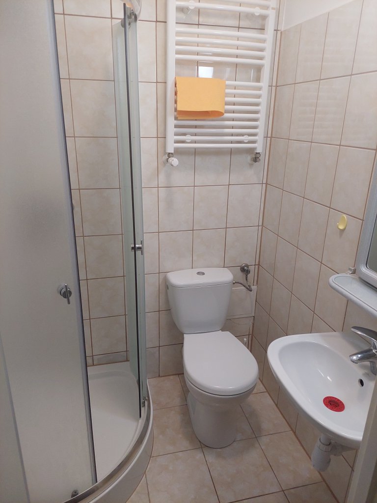 Łazienka przynależna do pokoju dla gości z prysznicem, umywalką i WC. 